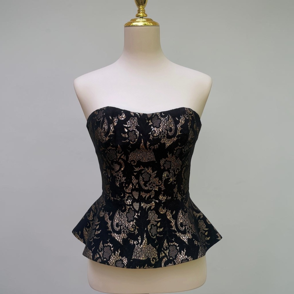 Bebe Peplum Top 4 Black Gold Strapless Lace Metallic Zip Bustier Dark Romantic